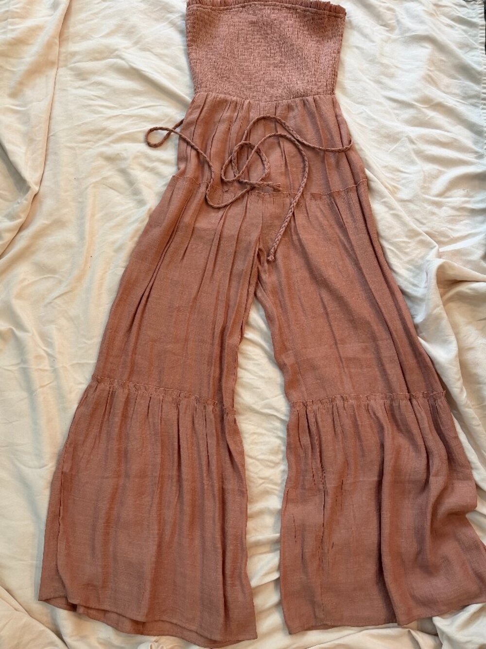 Mauve Strapless Smocked Wide Leg Ruffle Jumpsuit Boho (Medium)